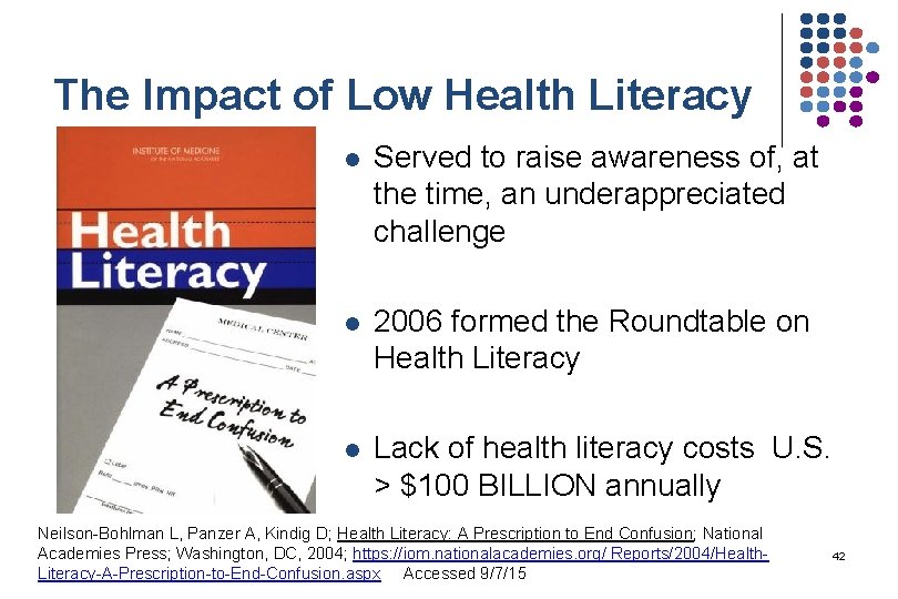 The Impact of Low Health Literacy l Served to raise awareness of, at the