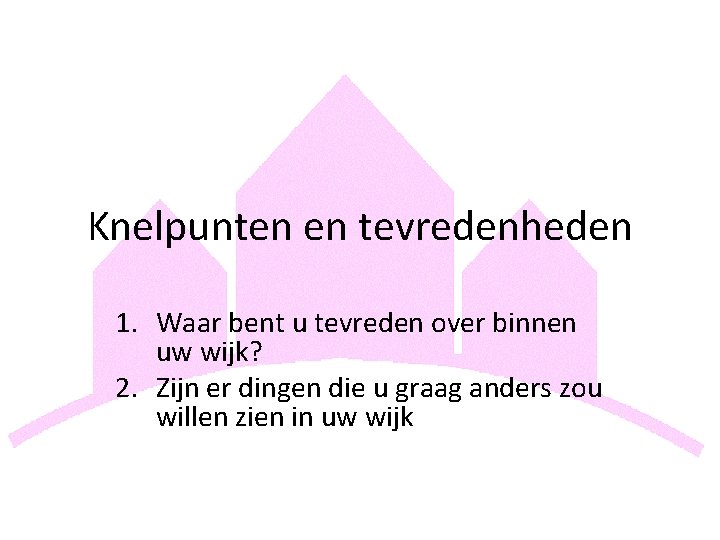 Knelpunten en tevredenheden 1. Waar bent u tevreden over binnen uw wijk? 2. Zijn