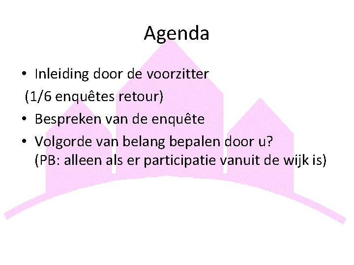 Agenda • Inleiding door de voorzitter (1/6 enquêtes retour) • Bespreken van de enquête