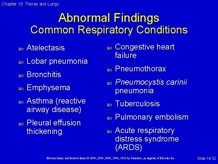 Chapter 18: Thorax and Lungs Abnormal Findings Common Respiratory Conditions Atelectasis Lobar pneumonia Bronchitis