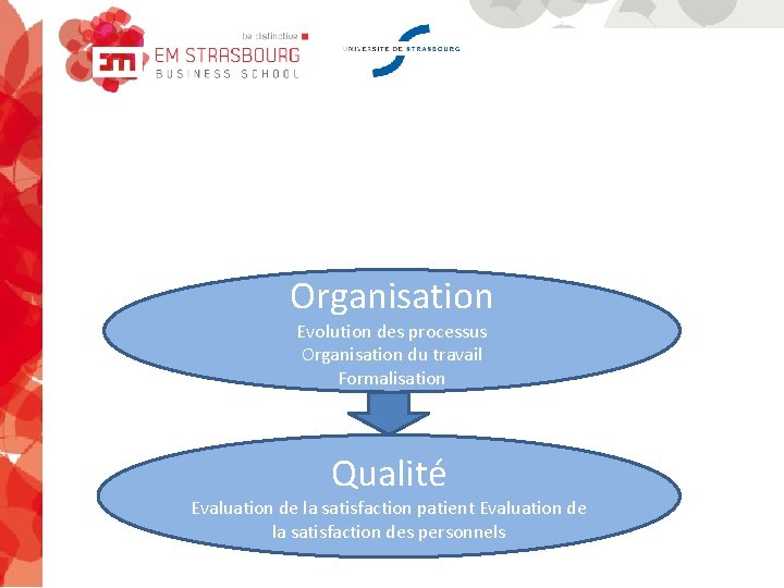 Organisation Evolution des processus Organisation du travail Formalisation Qualité Evaluation de la satisfaction patient