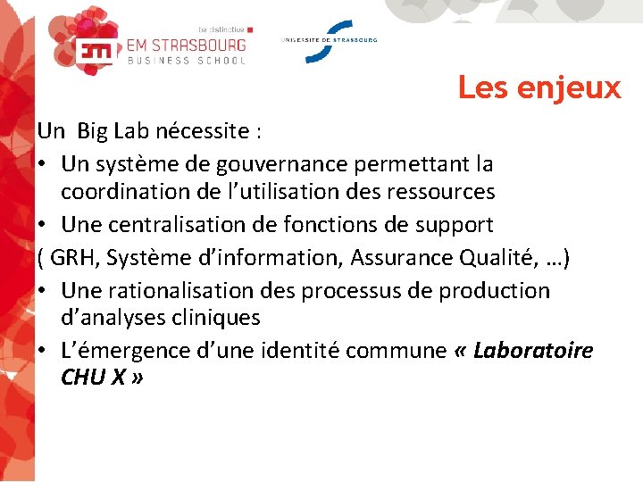 Les enjeux Un Big Lab nécessite : • Un système de gouvernance permettant la