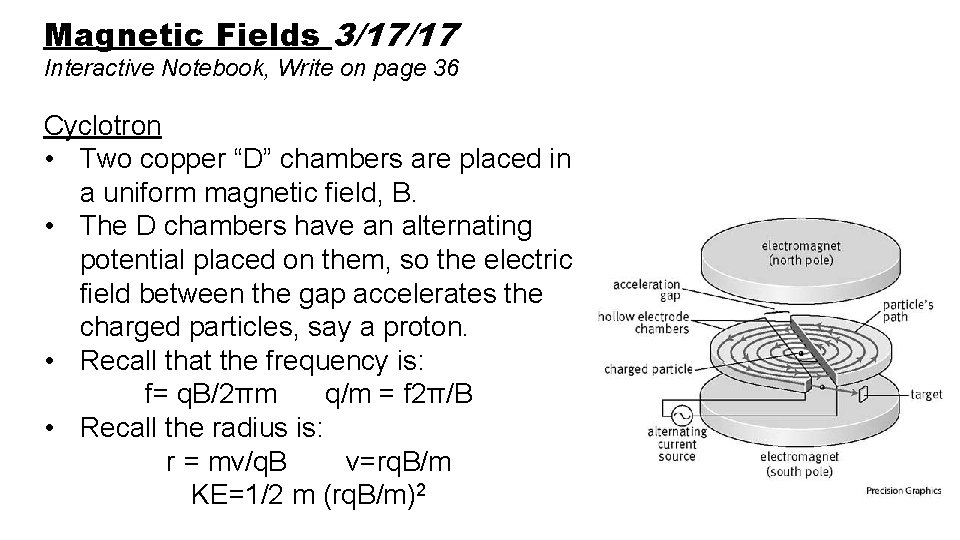 Magnetic Fields 3/17/17 Interactive Notebook, Write on page 36 Cyclotron • Two copper “D”