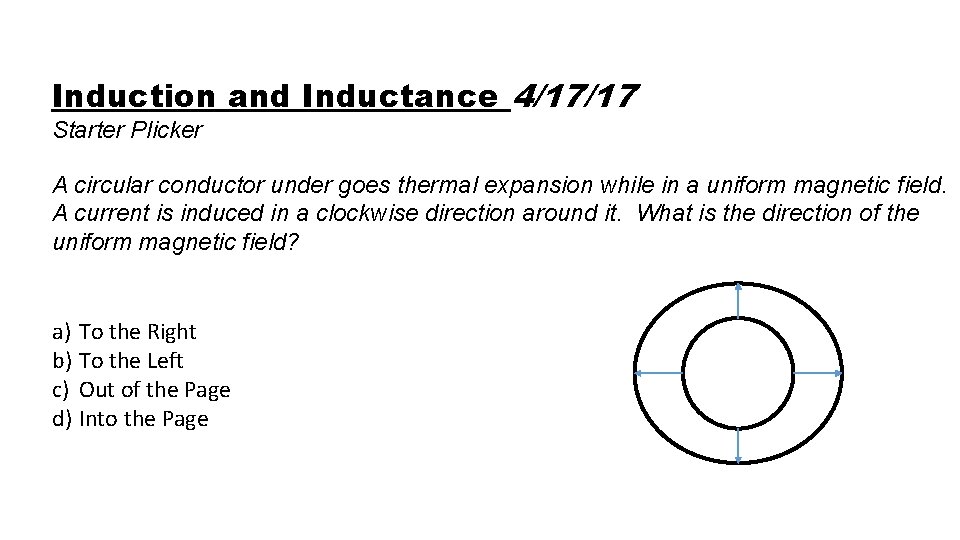 Induction and Inductance 4/17/17 Starter Plicker A circular conductor under goes thermal expansion while