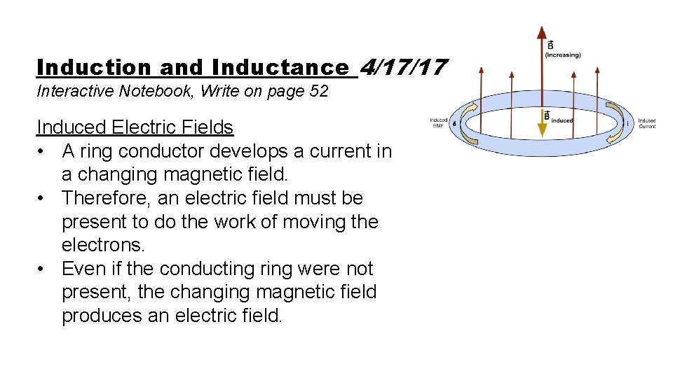 Induction and Inductance 4/17/17 Interactive Notebook, Write on page 52 Induced Electric Fields •