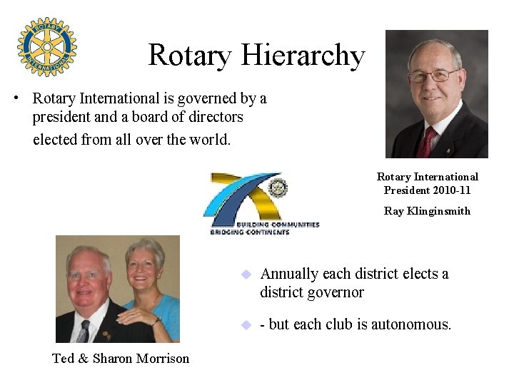 Rotary Hierarchy • Rotary International is governed by a president and a board of