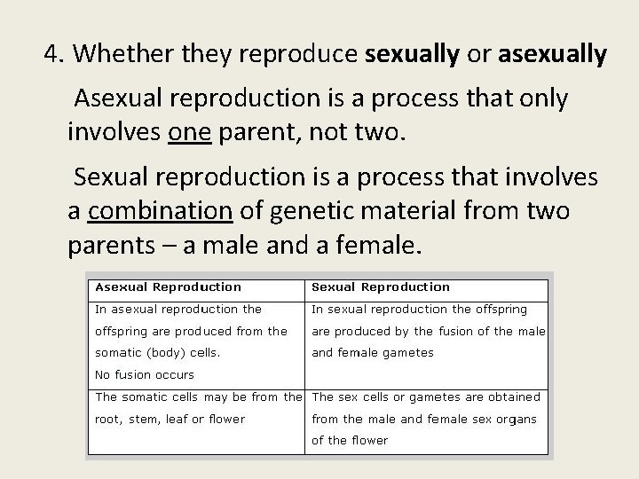 4. Whether they reproduce sexually or asexually Asexual reproduction is a process that only