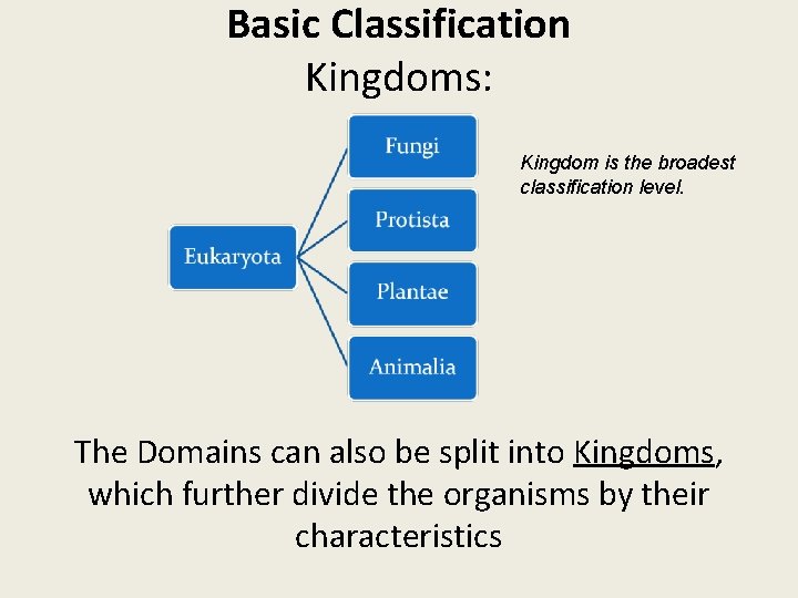 Basic Classification Kingdoms: Kingdom is the broadest classification level. The Domains can also be