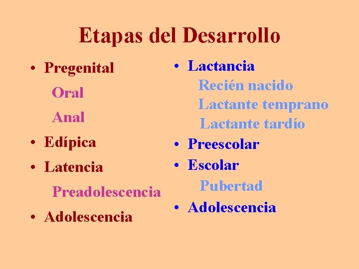 Etapas del Desarrollo • Lactancia Recién nacido Oral Lactante temprano Anal Lactante tardío •