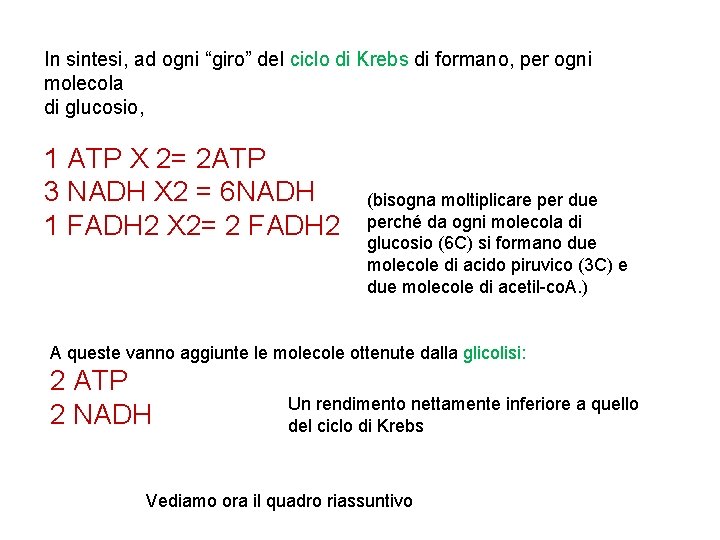 In sintesi, ad ogni “giro” del ciclo di Krebs di formano, per ogni molecola