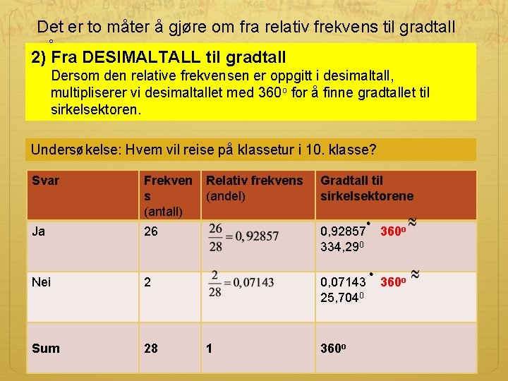 Det er to måter å gjøre om fra relativ frekvens til gradtall på: 2) Det er to måter å gjøre om fra relativ frekvens til gradtall på: 2)