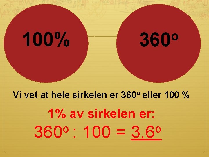 100% o 360 Vi vet at hele sirkelen er 360 o eller 100 % 100% o 360 Vi vet at hele sirkelen er 360 o eller 100 %