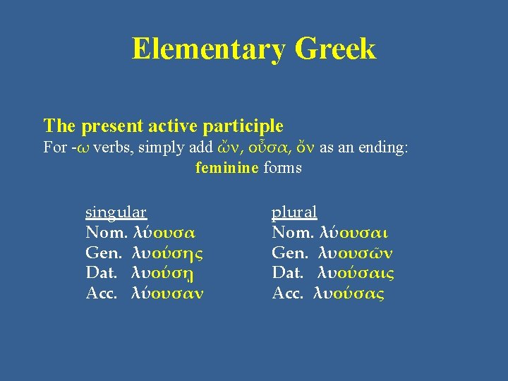 Elementary Greek The present active participle For -ω verbs, simply add ὤν, οὖσα, ὄν