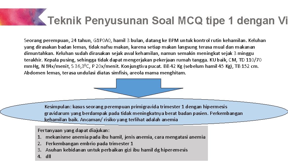 Teknik Penyusunan Soal MCQ tipe 1 dengan Vi Seorang perempuan, 24 tahun, G 1 Teknik Penyusunan Soal MCQ tipe 1 dengan Vi Seorang perempuan, 24 tahun, G 1