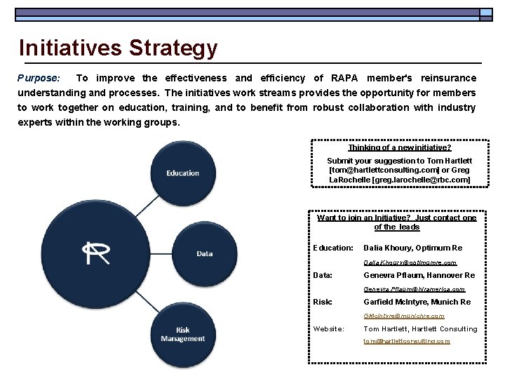 Initiatives Strategy Purpose: To improve the effectiveness and efficiency of RAPA member's reinsurance understanding