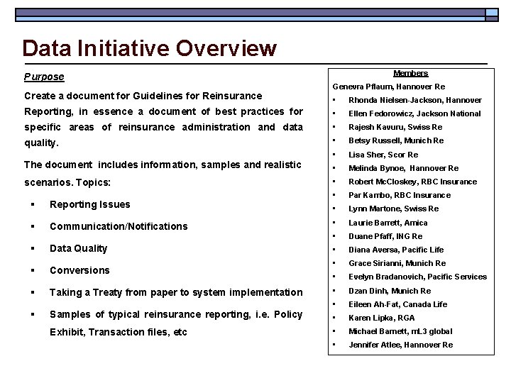 Data Initiative Overview Purpose Create a document for Guidelines for Reinsurance Members Genevra Pflaum,