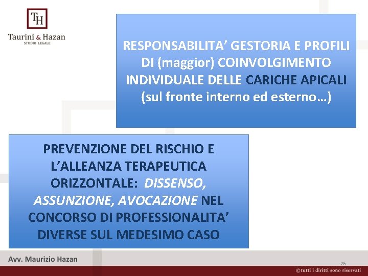 RESPONSABILITA’ GESTORIA E PROFILI DI (maggior) COINVOLGIMENTO INDIVIDUALE DELLE CARICHE APICALI (sul fronte interno