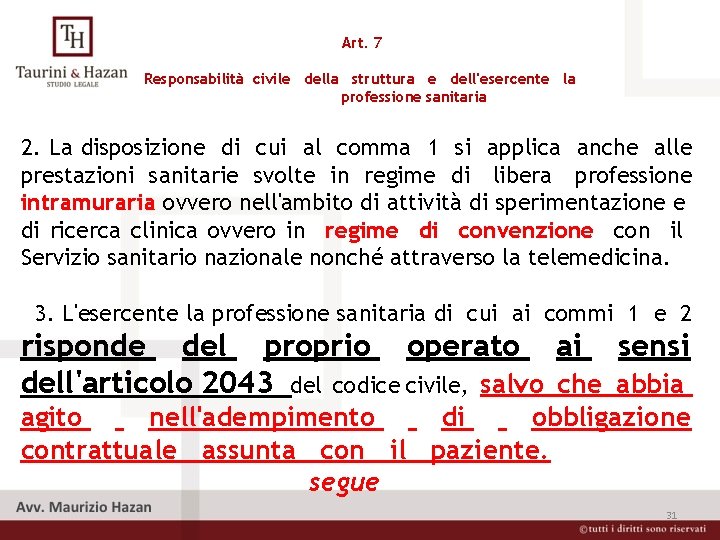 Art. 7 Responsabilità civile della struttura e dell'esercente la professione sanitaria 2. La disposizione