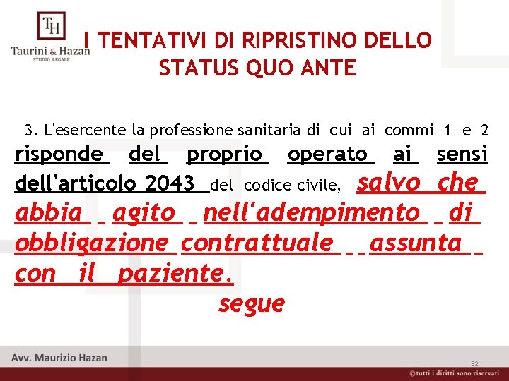 I TENTATIVI DI RIPRISTINO DELLO STATUS QUO ANTE 3. L'esercente la professione sanitaria di