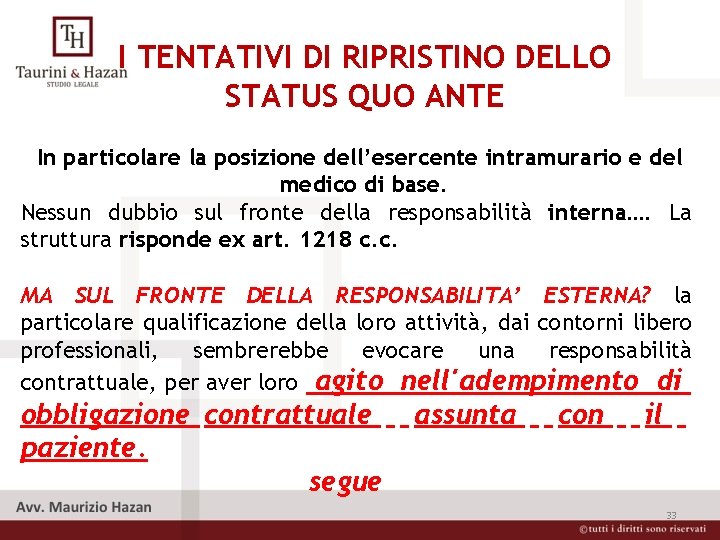 I TENTATIVI DI RIPRISTINO DELLO STATUS QUO ANTE In particolare la posizione dell’esercente intramurario