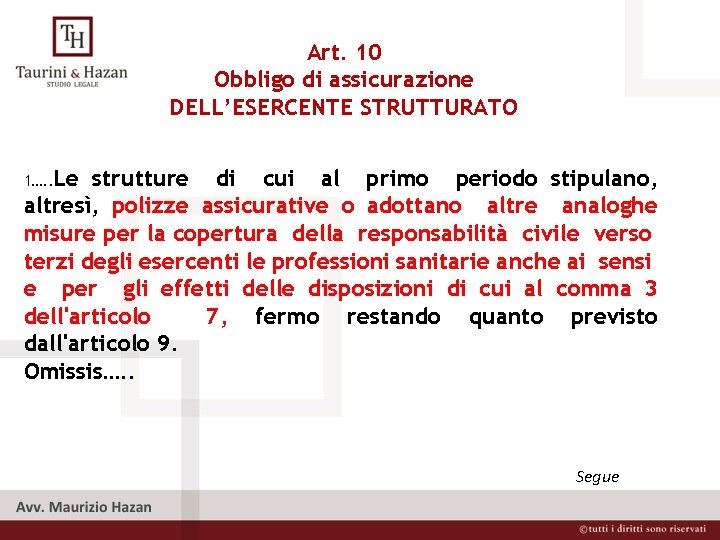 Art. 10 Obbligo di assicurazione DELL’ESERCENTE STRUTTURATO 1…. . Le strutture di cui al