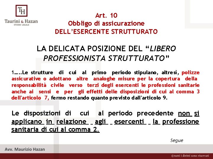 Art. 10 Obbligo di assicurazione DELL’ESERCENTE STRUTTURATO LA DELICATA POSIZIONE DEL “LIBERO PROFESSIONISTA STRUTTURATO”