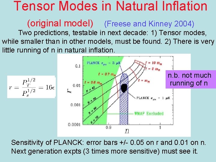 Tensor Modes in Natural Inflation (original model) (Freese and Kinney 2004) Two predictions, testable