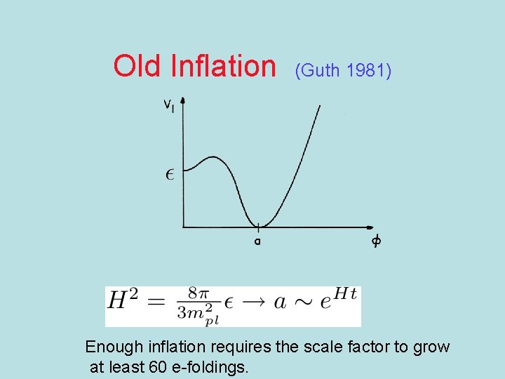 Old Inflation (Guth 1981) Enough inflation requires the scale factor to grow at least