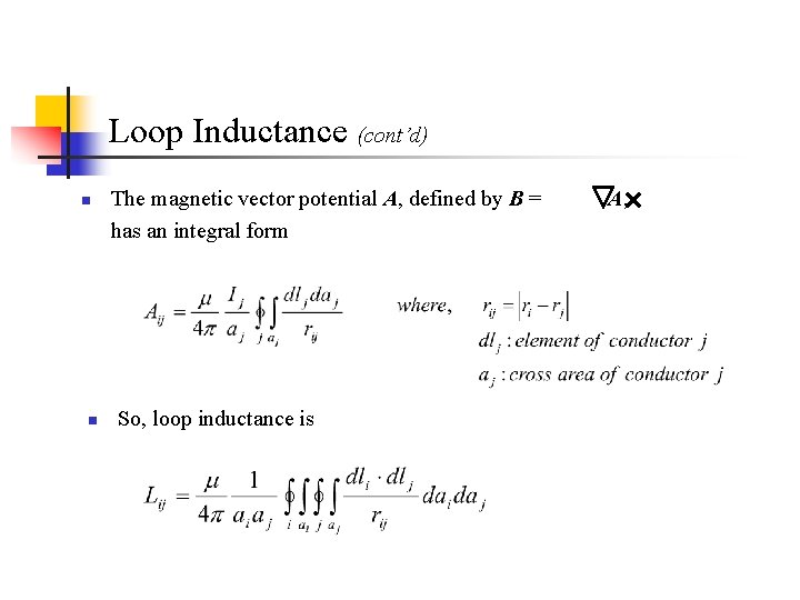 Loop Inductance (cont’d) n n The magnetic vector potential A, defined by B = Loop Inductance (cont’d) n n The magnetic vector potential A, defined by B =