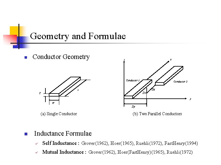 Geometry and Formulae n Conductor Geometry x z Conductor 1 Conductor 2 Dz l Geometry and Formulae n Conductor Geometry x z Conductor 1 Conductor 2 Dz l