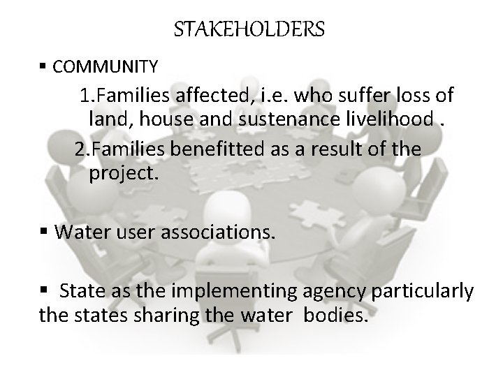 STAKEHOLDERS § COMMUNITY 1. Families affected, i. e. who suffer loss of land, house