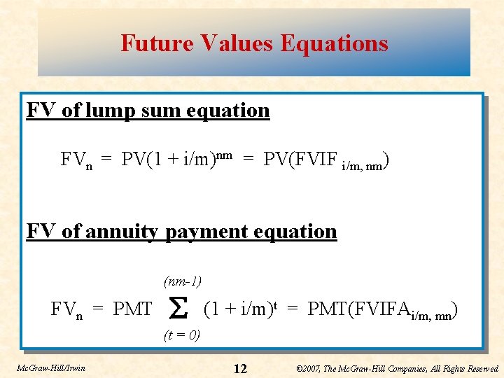 Future Values Equations FV of lump sum equation FVn = PV(1 + i/m)nm =