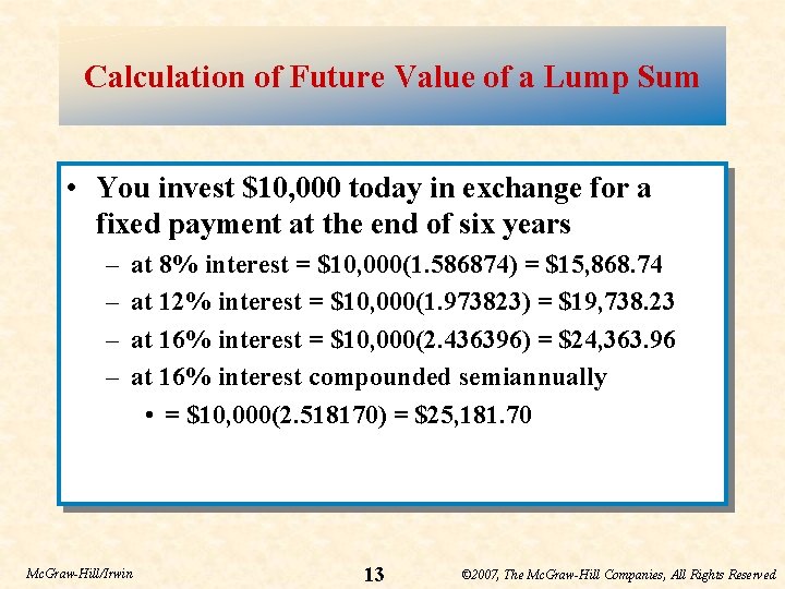 Calculation of Future Value of a Lump Sum • You invest $10, 000 today