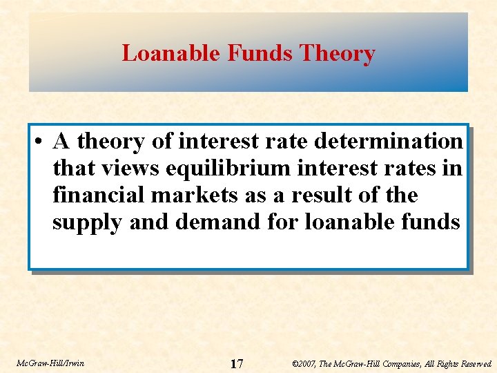 Loanable Funds Theory • A theory of interest rate determination that views equilibrium interest