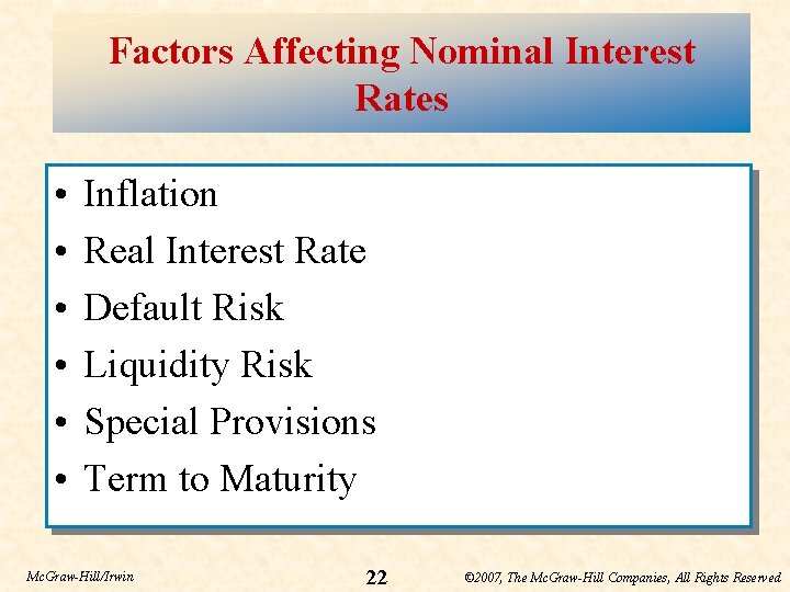 Factors Affecting Nominal Interest Rates • • • Inflation Real Interest Rate Default Risk