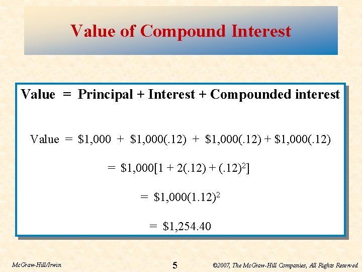 Value of Compound Interest Value = Principal + Interest + Compounded interest Value =
