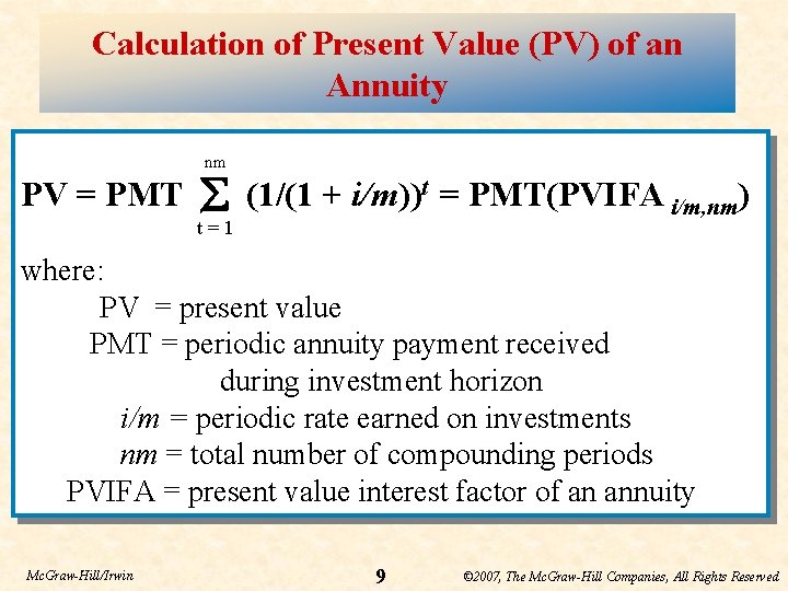 Calculation of Present Value (PV) of an Annuity nm PV = PMT (1/(1 +