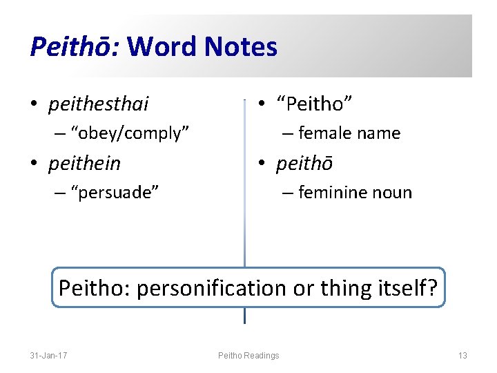 Peithō: Word Notes • peithesthai • “Peitho” – “obey/comply” • peithein – female name Peithō: Word Notes • peithesthai • “Peitho” – “obey/comply” • peithein – female name