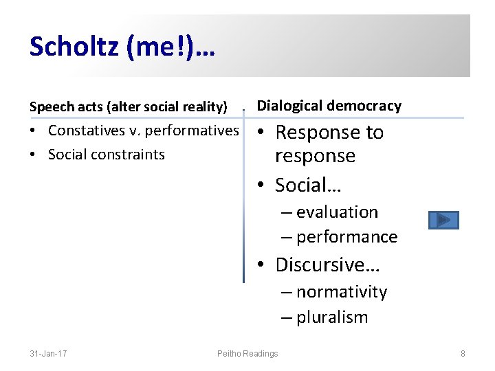 Scholtz (me!)… Speech acts (alter social reality) Dialogical democracy • Constatives v. performatives • Scholtz (me!)… Speech acts (alter social reality) Dialogical democracy • Constatives v. performatives •