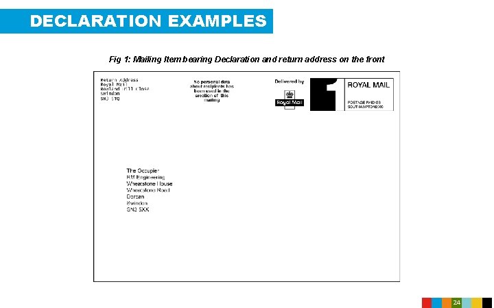 DECLARATION EXAMPLES Fig 1: Mailing Item bearing Declaration and return address on the front
