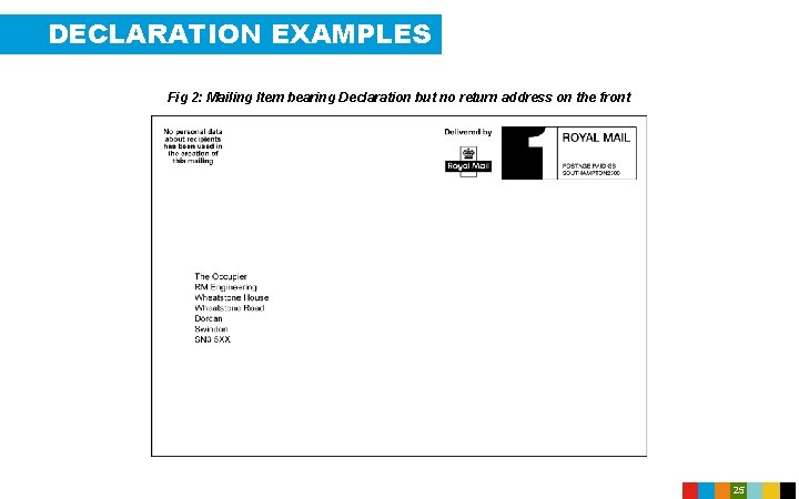 DECLARATION EXAMPLES Fig 2: Mailing Item bearing Declaration but no return address on the