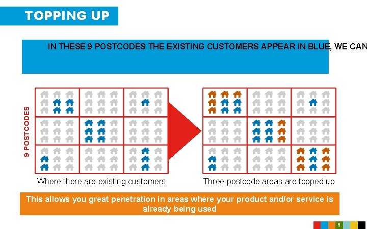 TOPPING UP 9 POSTCODES IN THESE 9 POSTCODES THE EXISTING CUSTOMERS APPEAR IN BLUE,