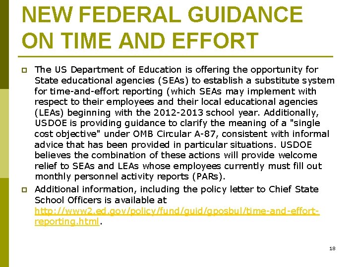 NEW FEDERAL GUIDANCE ON TIME AND EFFORT p p The US Department of Education