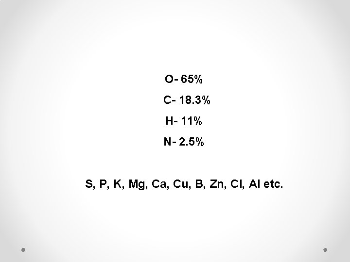 O- 65% C- 18. 3% H- 11% N- 2. 5% S, P, K, Mg,