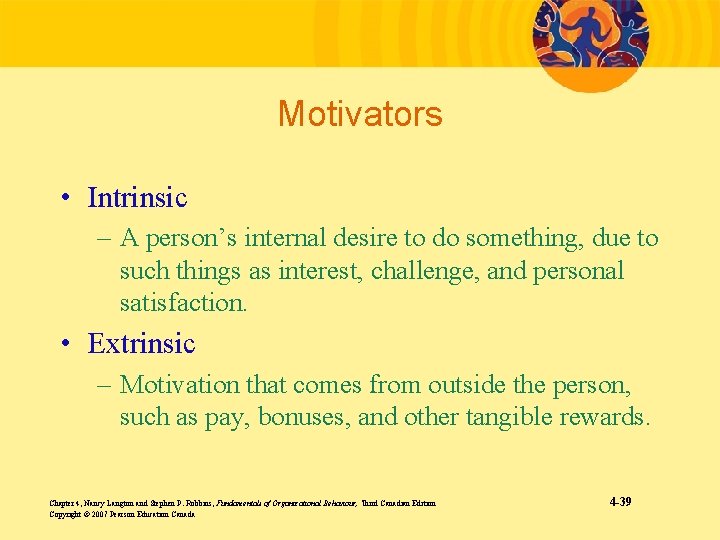 Motivators • Intrinsic – A person’s internal desire to do something, due to such