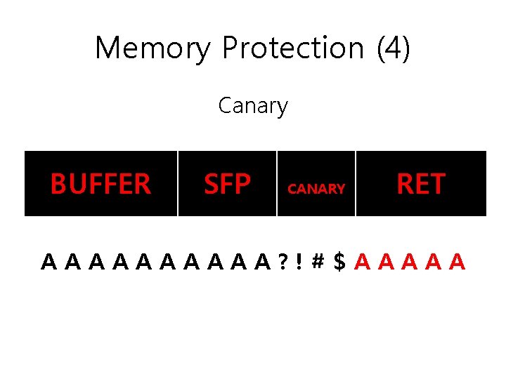 Memory Protection (4) Canary BUFFER SFP CANARY RET AAAAA? !#$AAAAA 