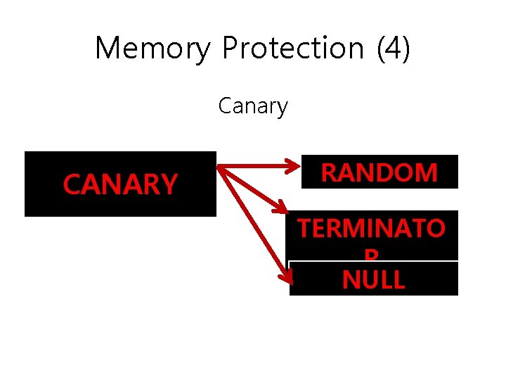 Memory Protection (4) Canary CANARY RANDOM TERMINATO R NULL 