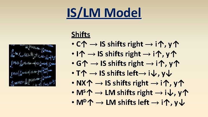 IS/LM Model Shifts • C↑ → IS shifts right → i↑, y↑ • I↑