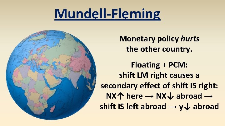 Mundell-Fleming Monetary policy hurts the other country. Floating + PCM: shift LM right causes