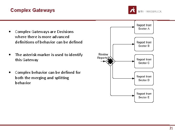 Complex Gateways • Complex Gateways are Decisions where there is more advanced definitions of